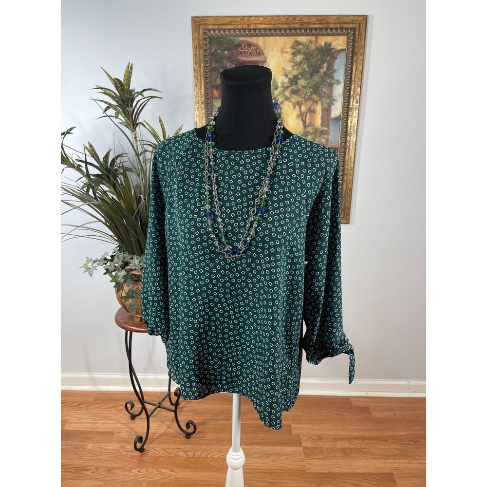 Papermoon Blouse Top Womens Medium‎ Green Geometric Print 3/4 Sleeve Minimalist
